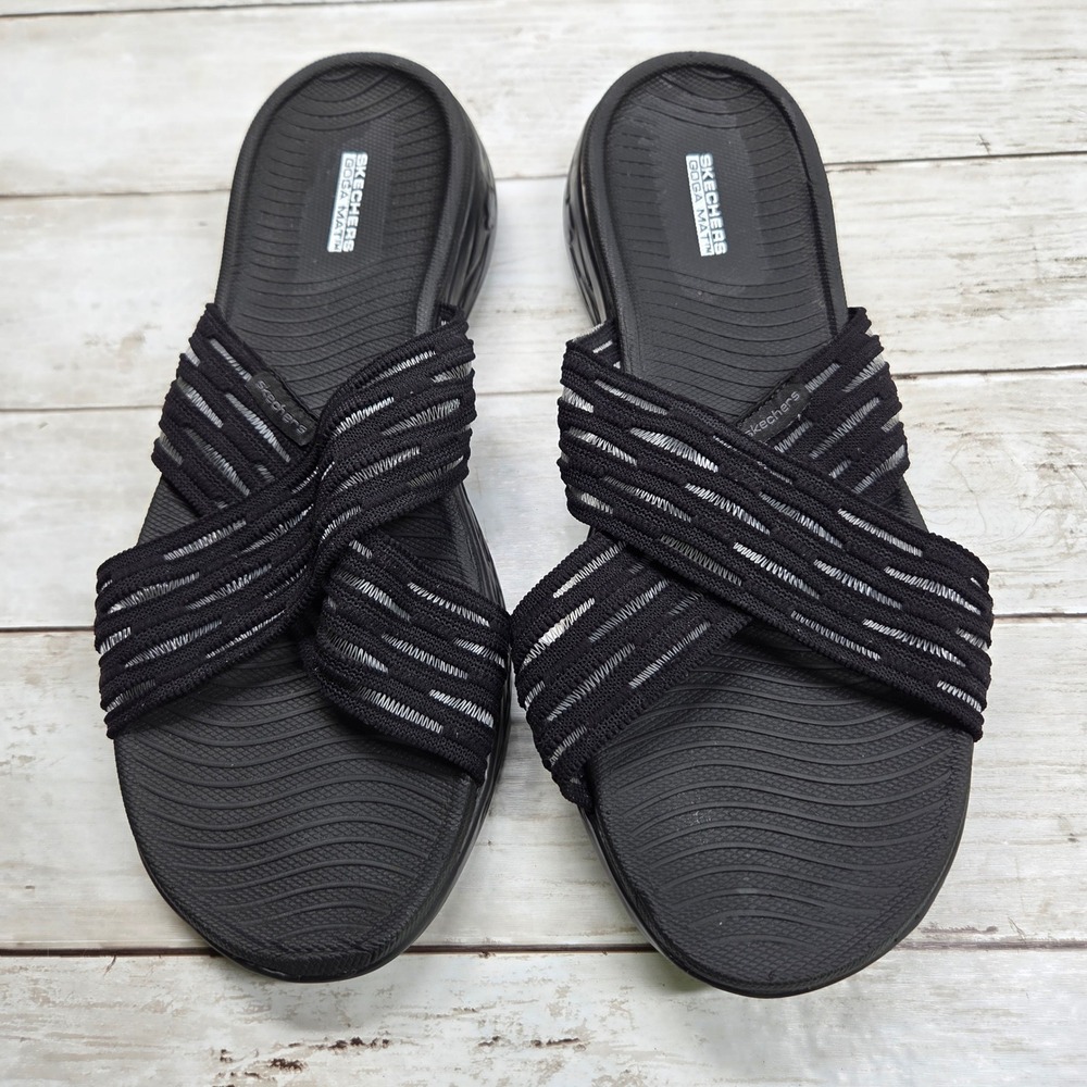 Skechers On-the-GO 600 Slide Sandal Crisscross Women 10 Black Goga Mat Comfort